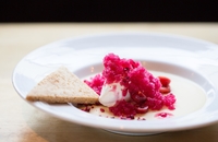 Salted Butterscotch Custard, Cranberry-Sparkling Wine Granita, Pickled and Dehyd