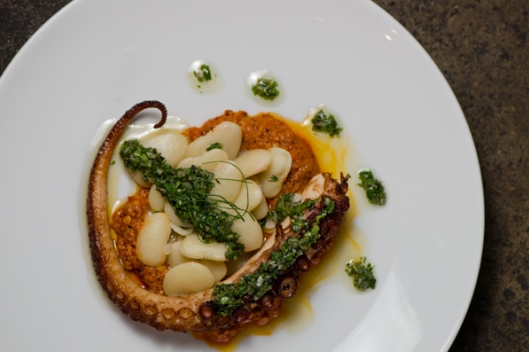 Mediterranean Octopus, Romesco, Gigante Lima Beans, and Salsa Verde from Chef Matt Dawes of The Bull and Beggar Mediterranean Octopus, Romesco, Gigante Lima Beans, and Salsa Verde