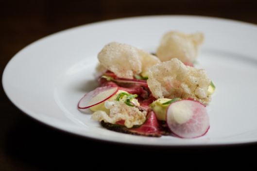 Australian Beef Carpaccio, Bone Marrow Béarnaise, and Puffed Beef Shin Tendon from Chef Brian Canipelli of Cucina24 Australian Beef Carpaccio, Bone Marrow Béarnaise, and Puffed Beef Shin Tendon