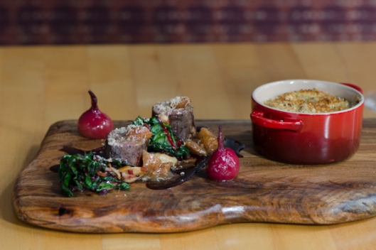 Wood-grilled Cervena Venison, Green Strawberry Relish, Foraged Mushroom Gratin, Chioggia Beets, and Foie Gras from Chef William Dissen of The Market Place Wood-grilled Cervena Venison, Green Strawberry Relish, Foraged Mushroom Gratin,