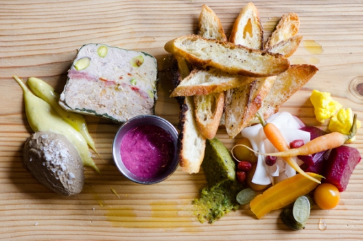Country Terrine, Chicken Liver Pâté, Pickles, and Pistachio Pesto from Chef Mike Moore of Seven Sows Bourbon & Larder Country Terrine, Chicken Liver Pâté, Pickles, and Pistachio Pesto