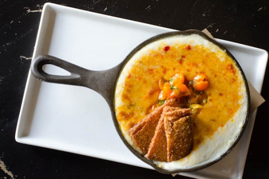 Pimped Grits: Pimento Cheese, Cherokee Tomato Salsa, and Jalapeno Cornbread from Chef Vivian Howard of Chef & the Farmer Pimped Grits: Pimento Cheese, Cherokee Tomato Salsa, and Jalapeno Cornbread