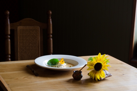 Nasturtium Panna Cotta: Sumac Water, Pesto, Flowers, and Salted Seed Pods from Chef Nathan Allen of Knife & Fork Nasturtium Panna Cotta: Sumac Water, Pesto, Flowers, and Salted Seed Pods