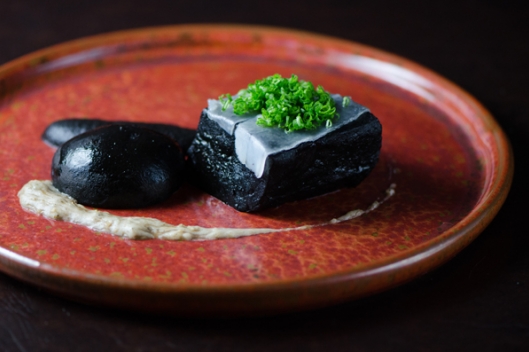 Australian Beef Strip, Squid Ink, Yukon Potatoes, Fermented Onion Purée, Lardo, 