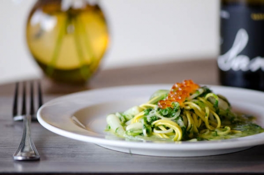 Saffron Spaghetti with Dandelion Greens