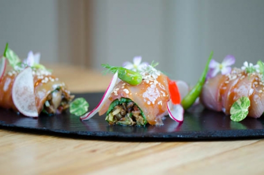 Rudderfish Crudo, Citrus-marinated Cabbage, Shiitakes, Radishes, Radish Flowers, and Nasturtiums from Chef Travis Grimes of Husk Rudderfish Crudo, Citrus-marinated Cabbage, Shiitakes, Radishes, Radish Flowers,
