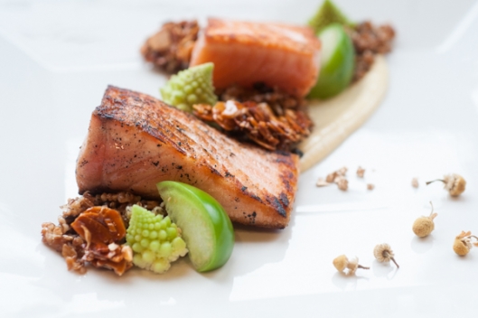 Salmon, Wheat-Blue Cheese Salad, Tomatillos, Romanesco, and Chamomile Aïoli from Keri Moser of Ivywild Salmon, Wheat-Blue Cheese Salad, Tomatillos, Romanesco, and Chamomile Aïoli