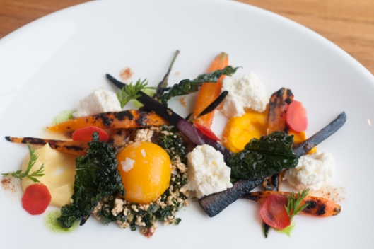 Carrots, Buttermilk Ricotta, Brown Butter Egg Yolk, and Kale Furikake