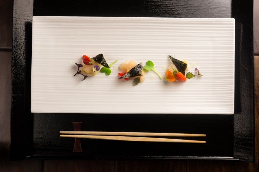 Diver Scallop, Uni, Strawberry, Yuzu Vinegar, and Nori
