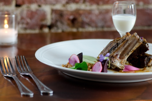 Braised Goat, Basil Yogurt, Wheat Berries, Violets, Beet-Brunet Mousse, and Bee 