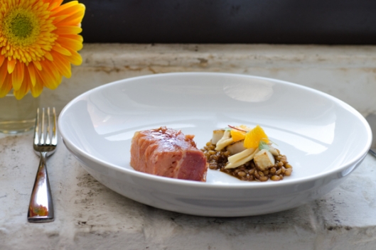 Berkshire Pork Leg, Wheat Berries, Sunchokes, Pickled Mushrooms, and Orange