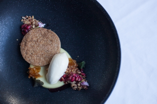 White Yam Custard, Brown Butter Shortbread, Pomegranate, Crème Fraîche Ice Cream