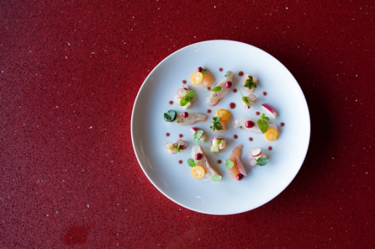 Fluke Crudo, Apples, Radishes, and Pickled Cranberries
