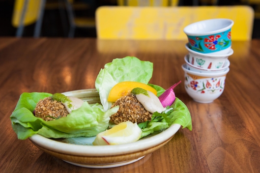 Cassie Piuma of Sarma: Bluefish Falafel, Peach Pickle, Jalapeño Labneh, and Bibb