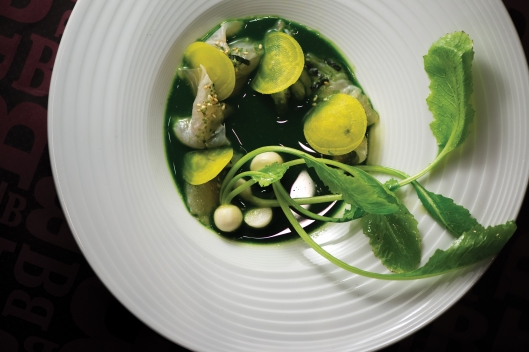 Joe Palma Of Bourbon Steak: Fluke Crudo, White Shoyu, Turnips, and Herb Jus