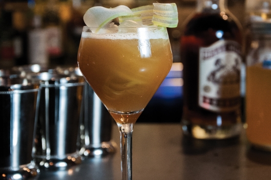 Bryan Tetorakis of Rogue 24: The Martyr: Belle Meade Bourbon, Fermented Pineapple, Cocchi Americano, Lime Juice, Piloncillo Syrup, Smoked Paprika Tincture, and Celery Ribbons The Martyr: Belle Meade Bourbon, Fermented Pineapple, Cocchi Americano, Lime Jui