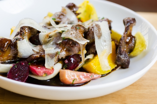 Confit Chicken Gizzards, Beets, Belgian Endive, and Capra Sarda
