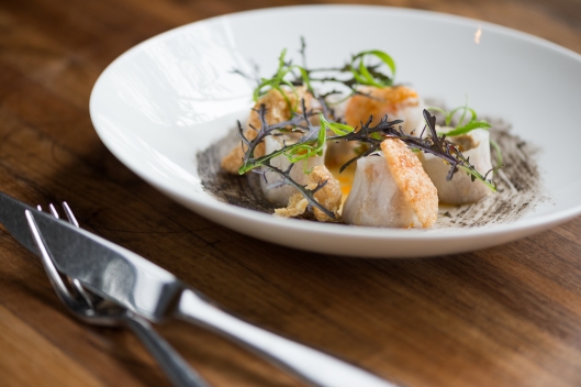 Pig Tail-Shrimp Tail Dumplings, Black Sesame, Ruby Streaks, and Chile Oil from Chef Atsushi Takatsuki of MB Post Pig Tail-Shrimp Tail Dumplings, Black Sesame, Ruby Streaks, and Chile Oil