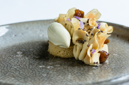 Candied Sunchoke, Fried Sunchoke, Sunchoke Ice Cream, Spiced Genoise, Valrhona Dulcey Crémeux, and Cocoa Nibs from David Rodriguez of Providence Candied Sunchoke, Fried Sunchoke, Sunchoke Ice Cream, Spiced Genoise, Valrhona D