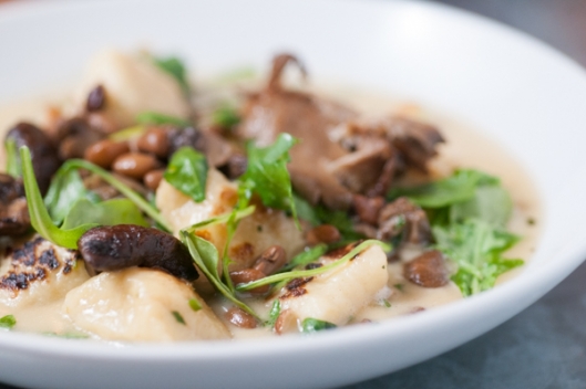 Gnocchi, Mushrooms, Sea Island Red Peas, Arugula, and Crème Fraîche from Matt Gallaher of Knox Mason Gnocchi, Mushrooms, Sea Island Red Peas, Arugula, and Crème Fraîche