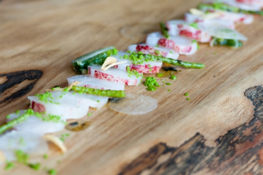 Lobster Sashimi, Sea Beans, Daikon, Ramp Purée, Ginger-Scallion Sauce, and Nori 