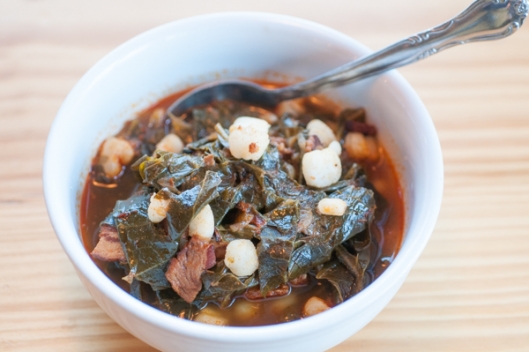Collard Greens, 'Nduja, Pork Belly, and Hominy