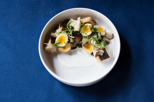 Richard Kuo of Pearl & Ash: Quail Eggs, Focaccia, Trumpet Mushrooms and Dande