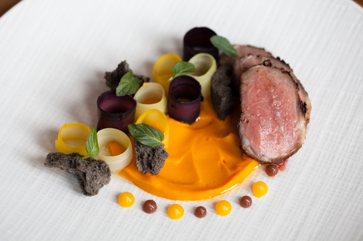 Spiced Australian Lamb, Coffee, Carrot, Preserved Lemon, and Black Olive