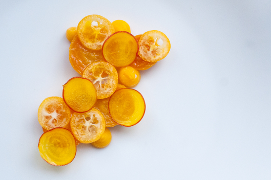 Elise Kornack of Take Root: Roasted Yellow Beets, Kumquat, Hickory-smoked Egg Y