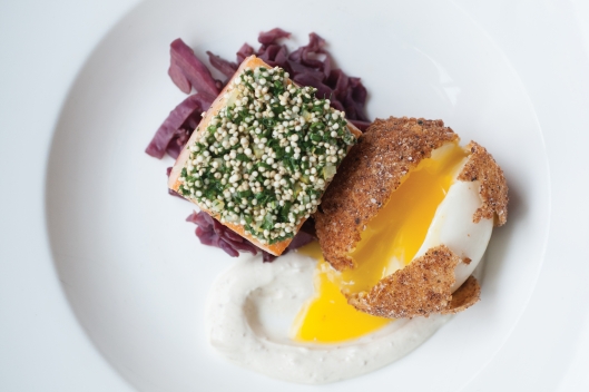 Phillip Perrow and Caleb Shriver of Dutch & Company: Perfect Egg with Cured Salmon, Quinoa, and Cumin Yogurt Phillip Perrow &Caleb: Perfect Egg with Cured Salmon, Quinoa, and Cumin Yogurt